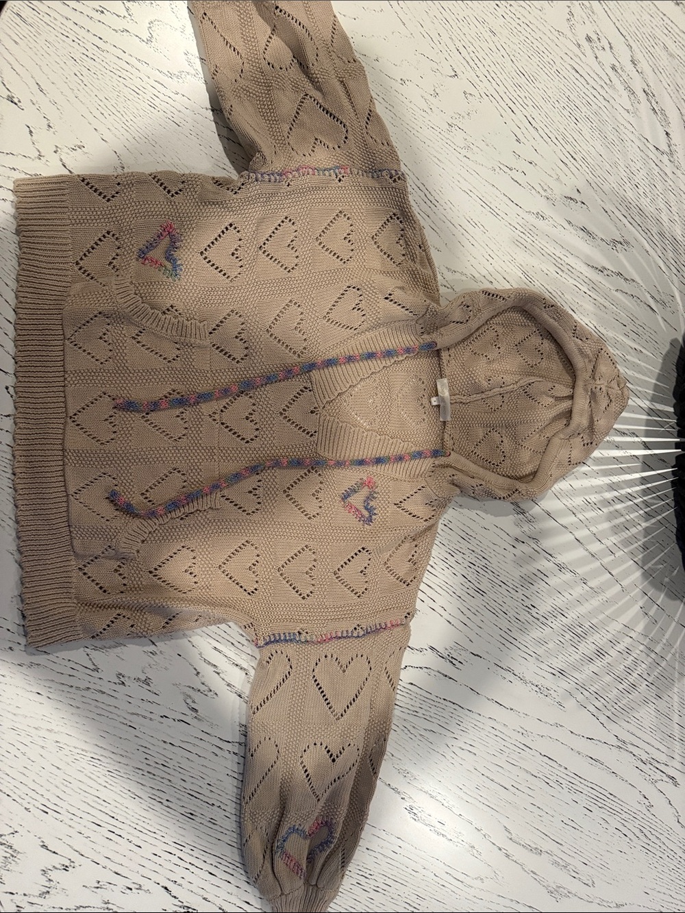 LoveShackFancy Beige Heart Eyelet Hooded Sweater with Multicolor Trim